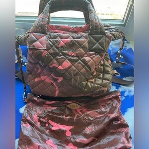 MZ Wallace Small Sutton Deluxe Pink and Brown Camo Quilted Shoulder Bag